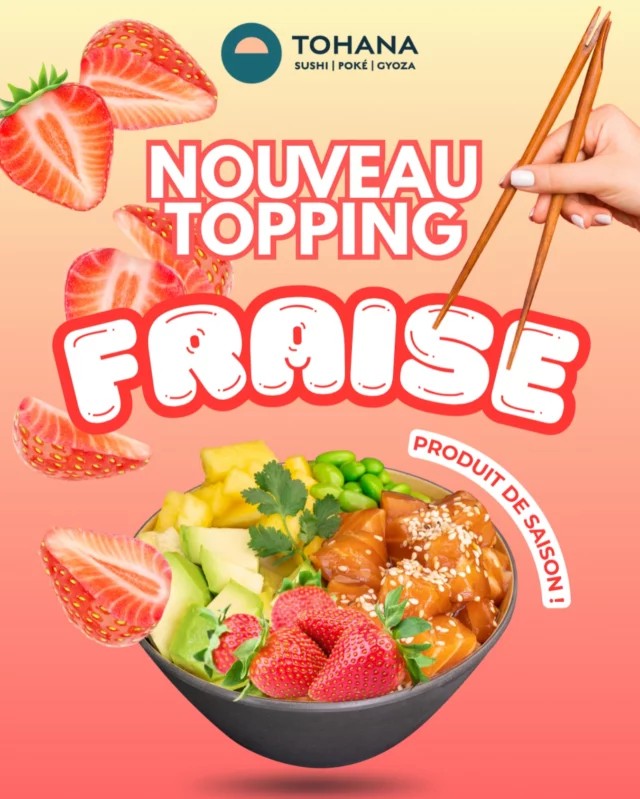 Chez Tohana, le soleil s’invite dans vos bowls avec notre tout nouveau topping 𝑭𝑹𝑨𝑰𝑺𝑬 ! 🍓

Sucrée, juteuse et pleine de peps, elle apporte une touche de fraîcheur irrésistible à votre poké à composer. 😍

Disponible pendant toute la belle saison ! ☀️ À tester sans modération… 🩵🤤

#tohana #tohanafood #pokebowl #toppingfraise #healthyfood #fruitsdesaison #fraise #topping #bowl #food #sucrésalé